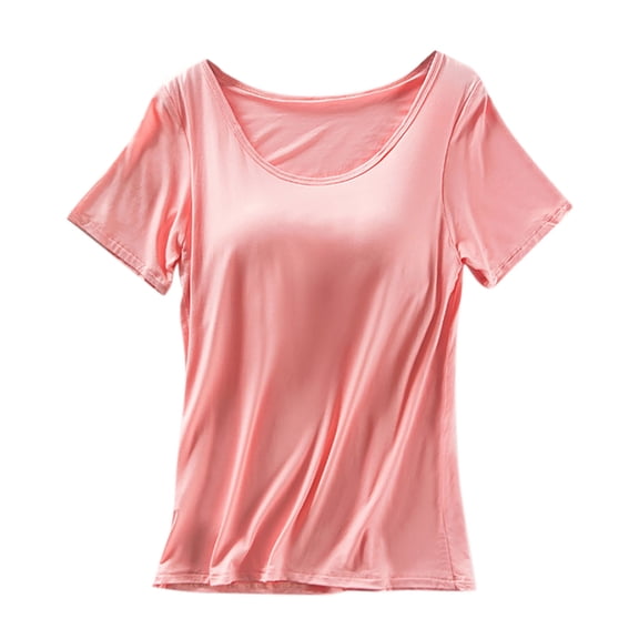 BSDJILFG Pajama Tops for Women with Built-In-Bra,Summer Casual Breathable Short Sleeve Flowy Sleepwear Shirts