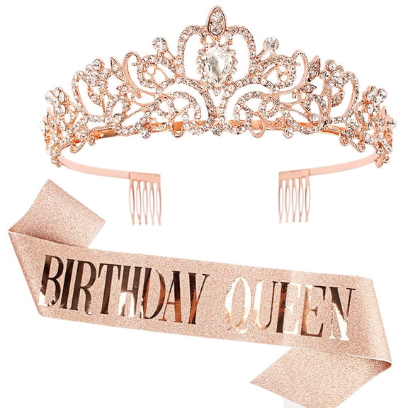 ZOUYUE "Birthday Queen" Sash & Rhinestone Tiara Set ZOUYUE Rose Gold Birthday Sash and Tiara for Women Birthday Decoration Kit Rhinestone Headband for Girl Glitter Crystal Hair Accessories for Party