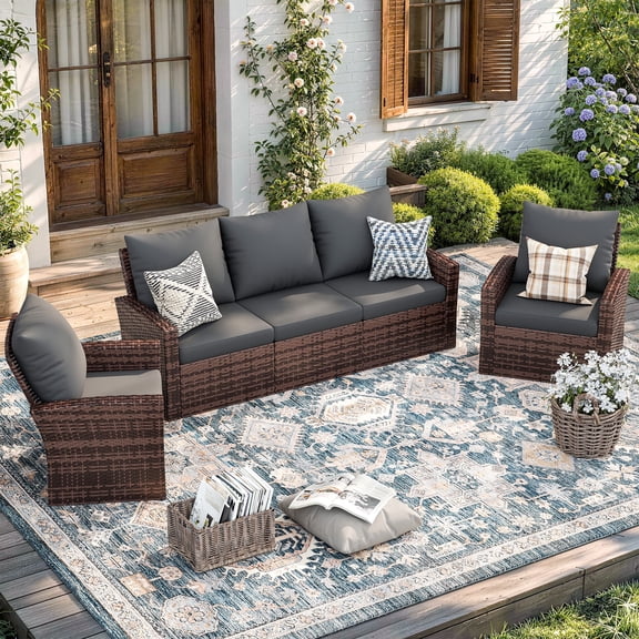 POTEBAN 5 Piece Outdoor Brown Wicker Patio Furniture Set, Modern PE Rattan Sectional Sofa Couch with Cushions and Glass Coffee Table for Backyard, Deck, Porch, Gray