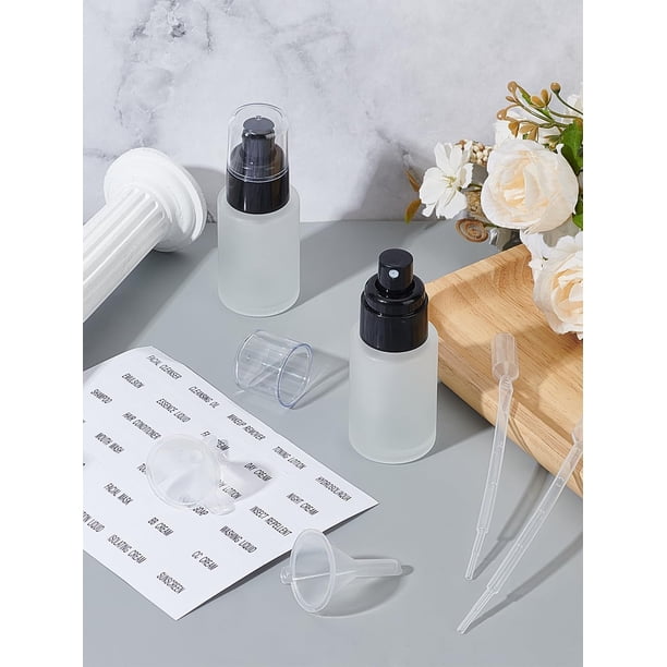 2 botellas de spray de vidrio esmerilado de 30 ml, botella de líquido con embudo de plástico, tolva, recipientes rellenables transparentes, pipetas de plástico