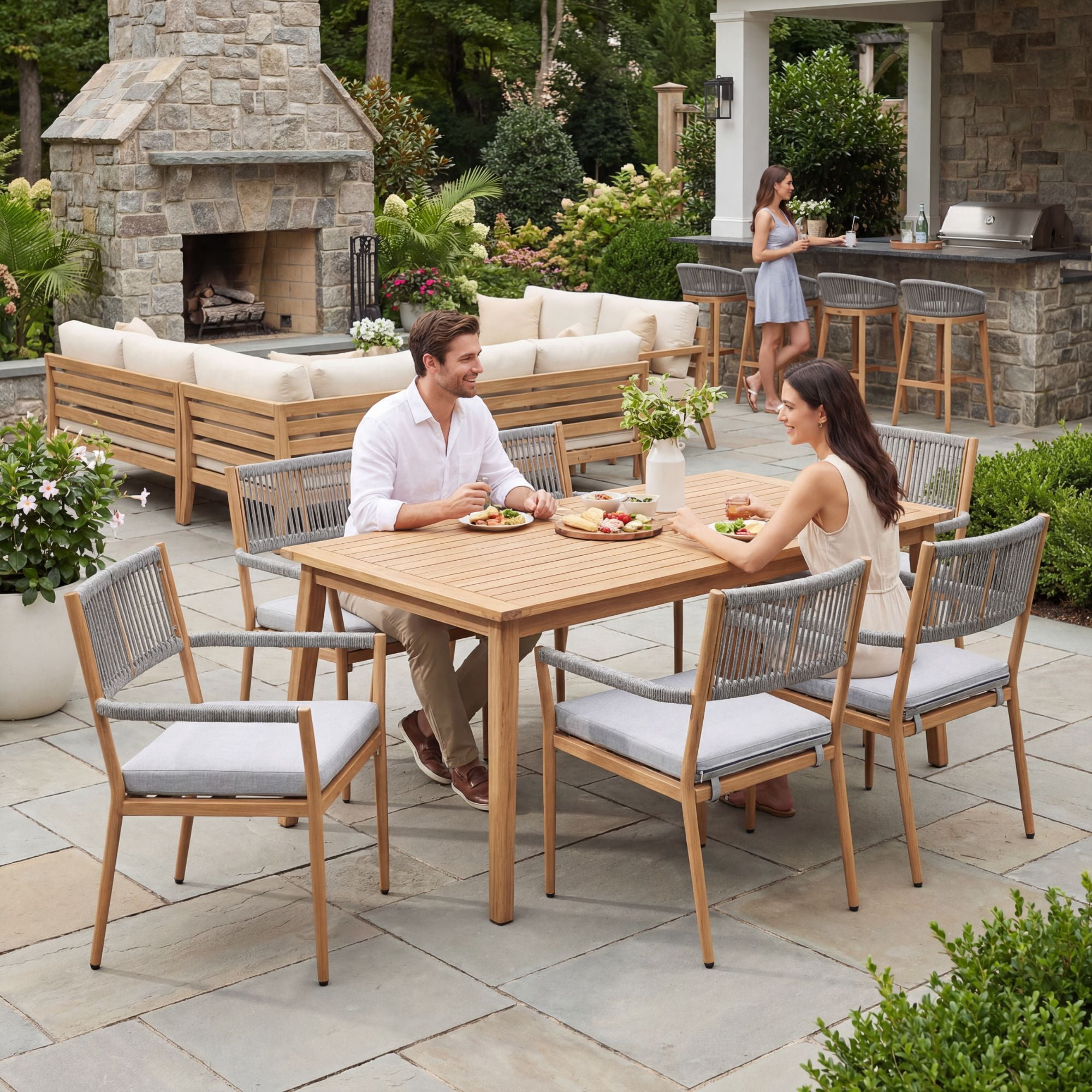 Dayalane Outdoor Dining Chairs Set of 2, Rope Rattan Patio Chairs with Cushions & Armrests, Weather-Resistant Metal Frame for Patio, Balcony/Bistro, Grey