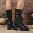 thumbnail image 4 of Women's Casual Mid Calf Boots, Punk Double Buckle Rivet Platform Side Zipper Lace Up Design with Breathable Lining, Trendy Boots for Daily Party Gift, 4 of 4