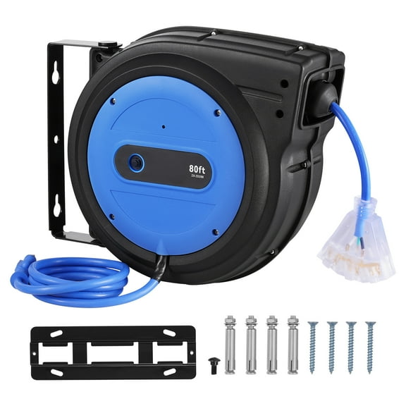 KFFKFF Retractable Power Cable Reel, 80 FT, Durable 12AWG/3C SJTOW Cable with Illuminated Triple Outlet, 15 Amp Safety Breaker, 180° Pivot Bracket for Wall or Ceiling Installation