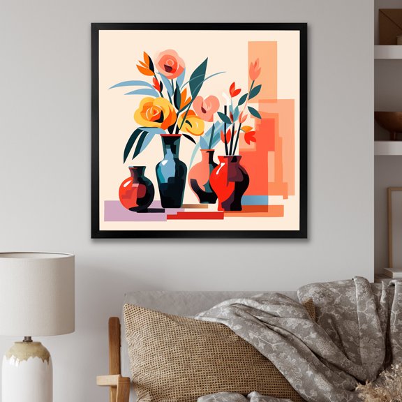 Designart "Boho Flower Bouquet in the Style of Henri Matisse V" Geometric Framed Wall Art Decor - Bohemian Yellow Boho Pottery Living Room Framed Canvas Art