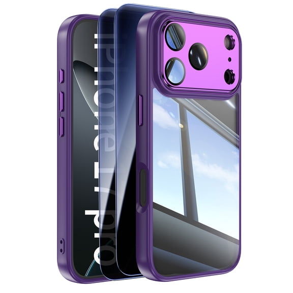 Decase Clear Case for iPhone 17 Pro,Transparent Back Cover,Rugged PC TPU Hybrid Full Lens Protector Phone Case with 2-Pieces Privacy Glass Screen Protector,Darkpurple