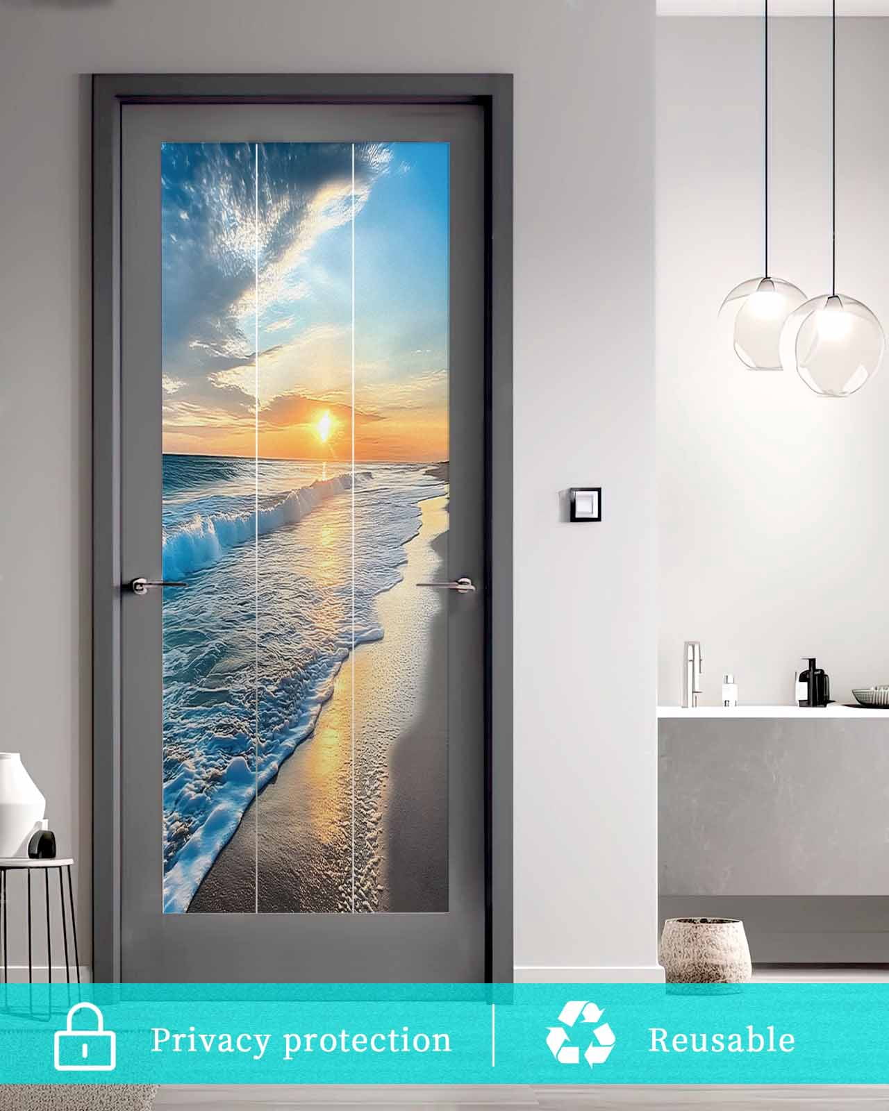 Window Privacy Film Sunset Beach Stained Glass Window Film Decorative Sun Block Window Cover Spray Ocean Waves Sky Nature Scenery Window Clings Static Adhesive Sticker for Bathroom 35.4"x78.7"