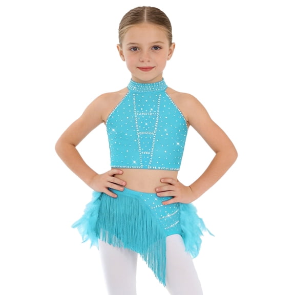 SiiRoh Kids Girls Sparkly 2 Piece Dance Outfit Halter Latin Jazz Dance Crop Top and Feather Briefs Fringe Skirt Blue Green 16