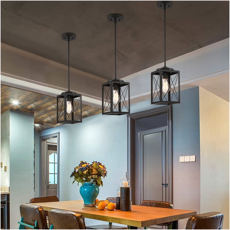 Farmhouse Industrial Pendant Light - Adjustable Hanging Glass Fixture For Kitchen Island, Dining, Bedroom (Matte Black)