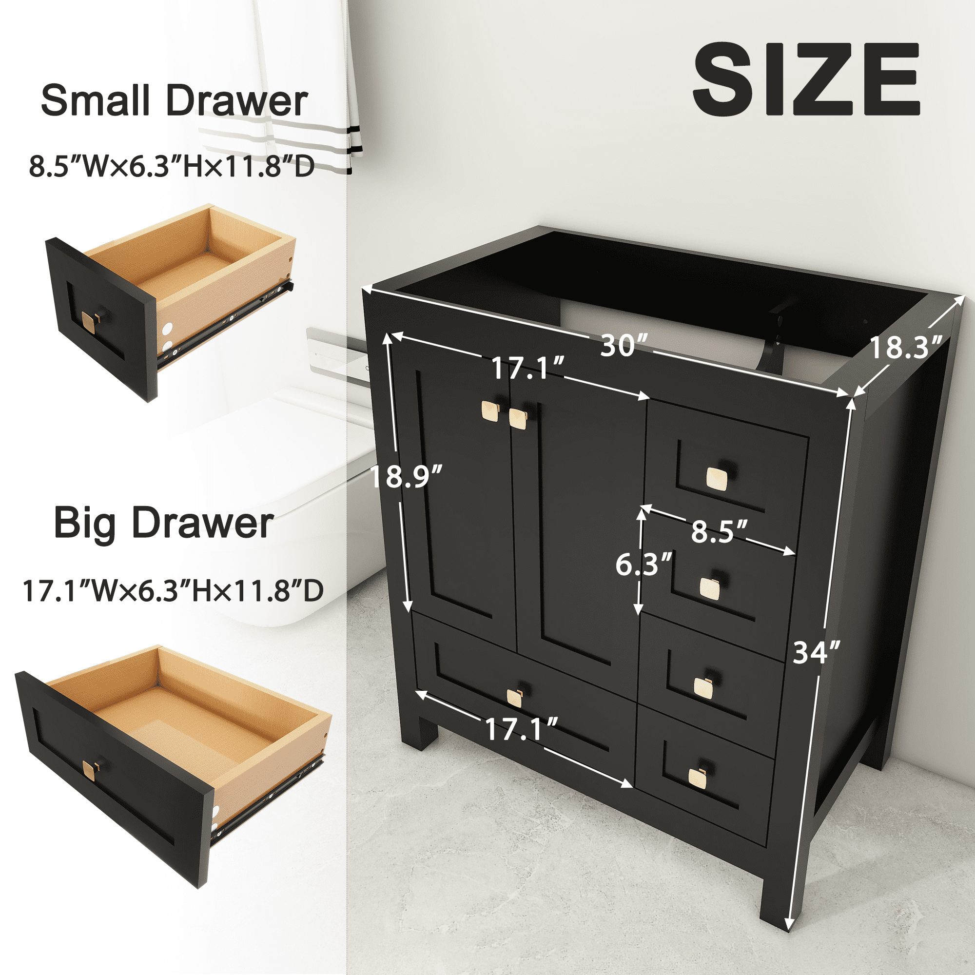 30 Inch Black Bathroom Vanity without Sink Top Base Only