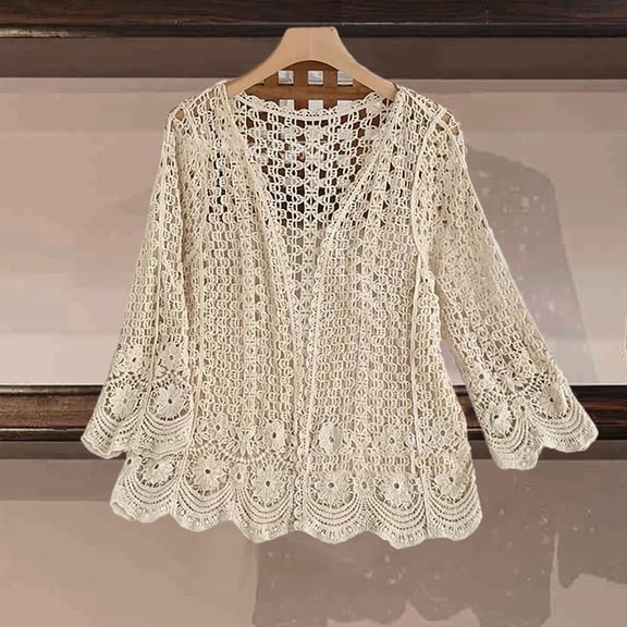 TrendOFT Womens Knit Cardigans Summer Hollow Out Long Sleeve Casual Cover Up Lightweight Outerwear Knit Cardigan Beige One Size