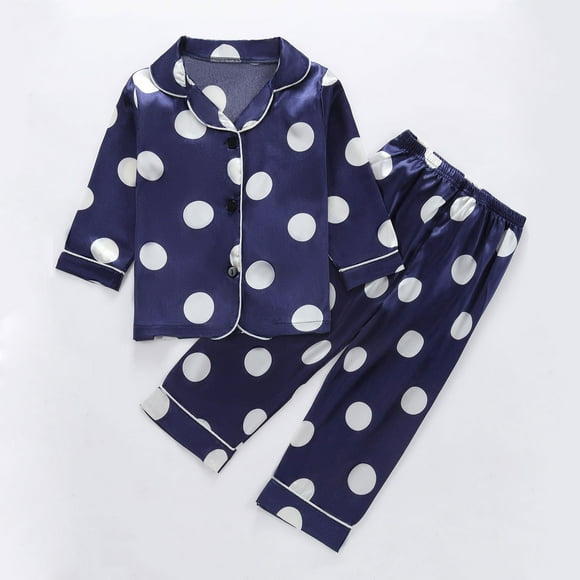 Fridja Girls 2PCS Pajama Sets Casual Solid Color Button Down Long Sleeve Long Pants Sleepwear Cute Cartoon Patterns Lounge Outfit Sest for Teens (Blue,7-8 Years)