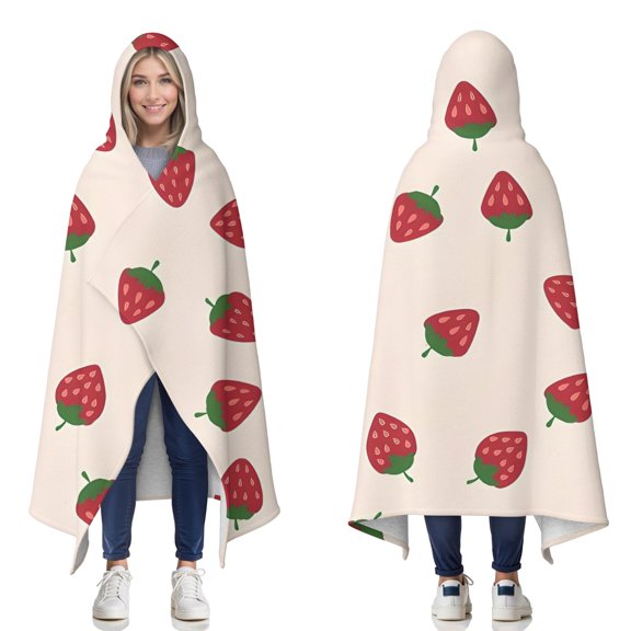 Wearable Blanket,Red Strawberry Plants Fruit Light Pink Pattern Hooded Wearable Sherpa Blanket for Adults & Teens,Winter Poncho Shawl Wrap Cape Thick Warm,50"x60"