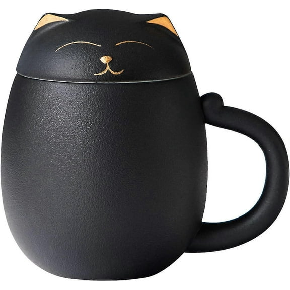 Ceramic Tea Mug with Infuser and LidCute Cat Tea Cup with Filter for Steeping Loose Leaf, Chinese Handmade Porcelain Teacup for Home Office. Black