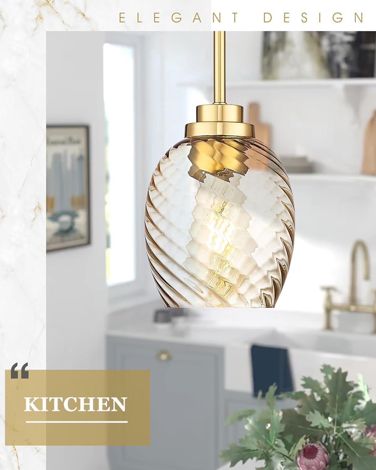 Gold Pendant Light, 1-Light Pendant Lights Kitchen Island with Striped Amber Glass Shade, Modern Hanging Light Fixtures for Entryway Dining Room, AD-22299-1P-OR