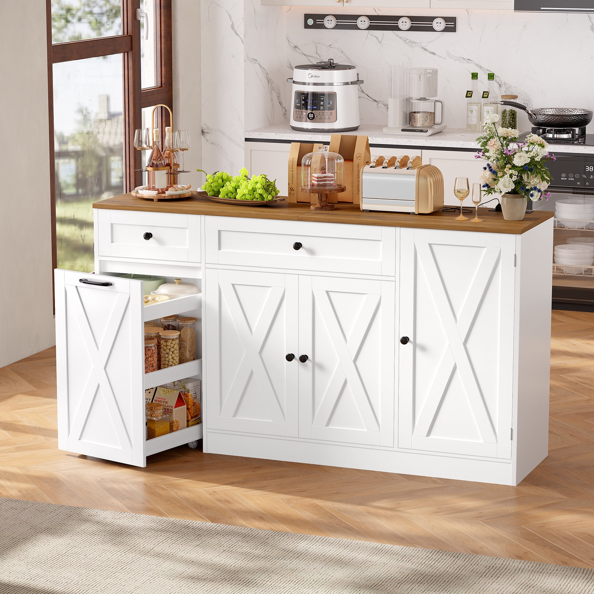 Homfa 59"W Farmhouse Kitchen Sideboard, Credenza with Wheeled Cabinet for Dining Room, 3-Doors 2-Drawer Wood Buffet Cabinet with Adjustable Shelf, White
