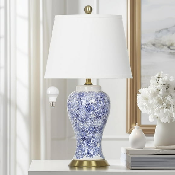 Lámpara Cinkeda Chinoiserie de cerámica azul y blanca de 25 pulgadas