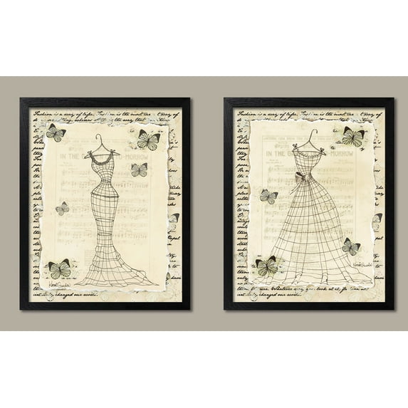 Vintage Womens Fashion Silhouette Forms; Butterfly and Music Sheet Background; Two 11x14in Black Framed Prints; Ready to hang!