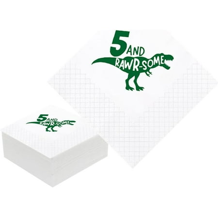20pcs Dinosaur 5th Birthday Cocktail Napkins, Dinosaur 5 and Rawrsome Paper Cocktail Napkins in Bulk for Baby Boy Girl Fifty 5th Bday Table Decorations , 5x5 Inches (5 and Rawrsome) 5"x5"