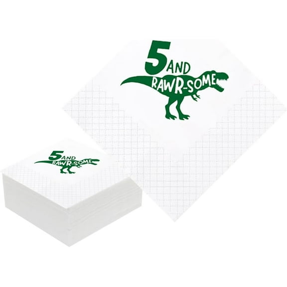 20pcs Dinosaur 5th Birthday Cocktail Napkins, Dinosaur 5 and Rawrsome Paper Cocktail Napkins in Bulk for Baby Boy Girl Fifty 5th Bday Table Decorations , 5x5 Inches (5 and Rawrsome) 5"x5"