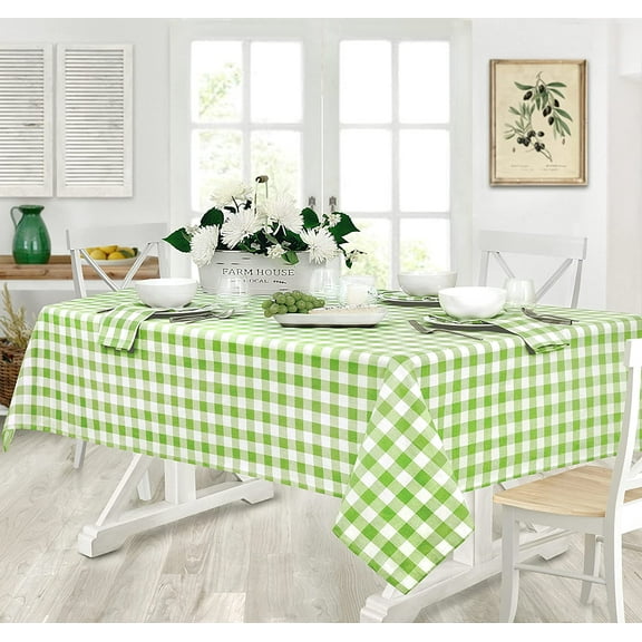 Home Bargains Plus Square Fabric Tablecloth, Country Rustic Buffalo Plaid, 52 x 52 Inch, Indoor Outdoor Easy Care Dining Table Cover, Checkered Cottage Gingham, Green