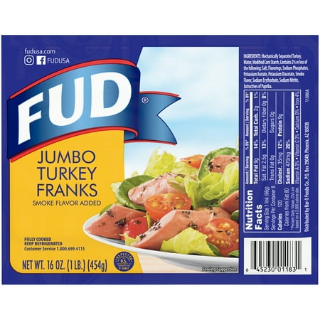 Fud Jumbo Turkey Franks, 16 oz, Fully Cooked, Refrigerated