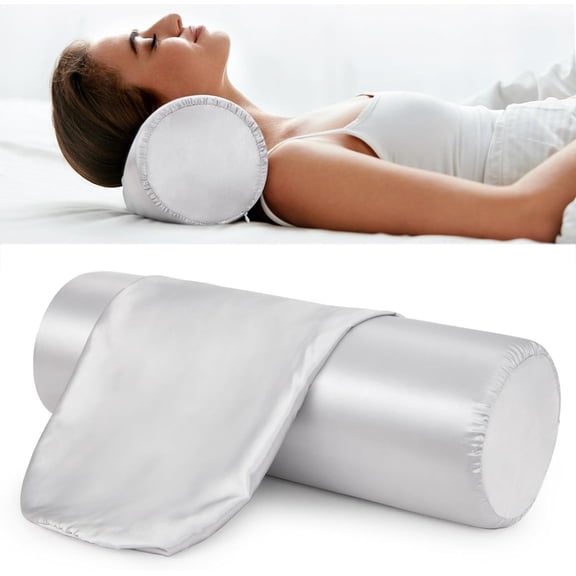 2 Pack Round Neck Pillow Case Covers, 18x6 in Neck Roll Satin Pillowcase Silky Bolster Pillow Cover Grey Cervical Pillow Cover with Hidden Zipper, Silk Cylinder Pillow Covers for Hair & Skin