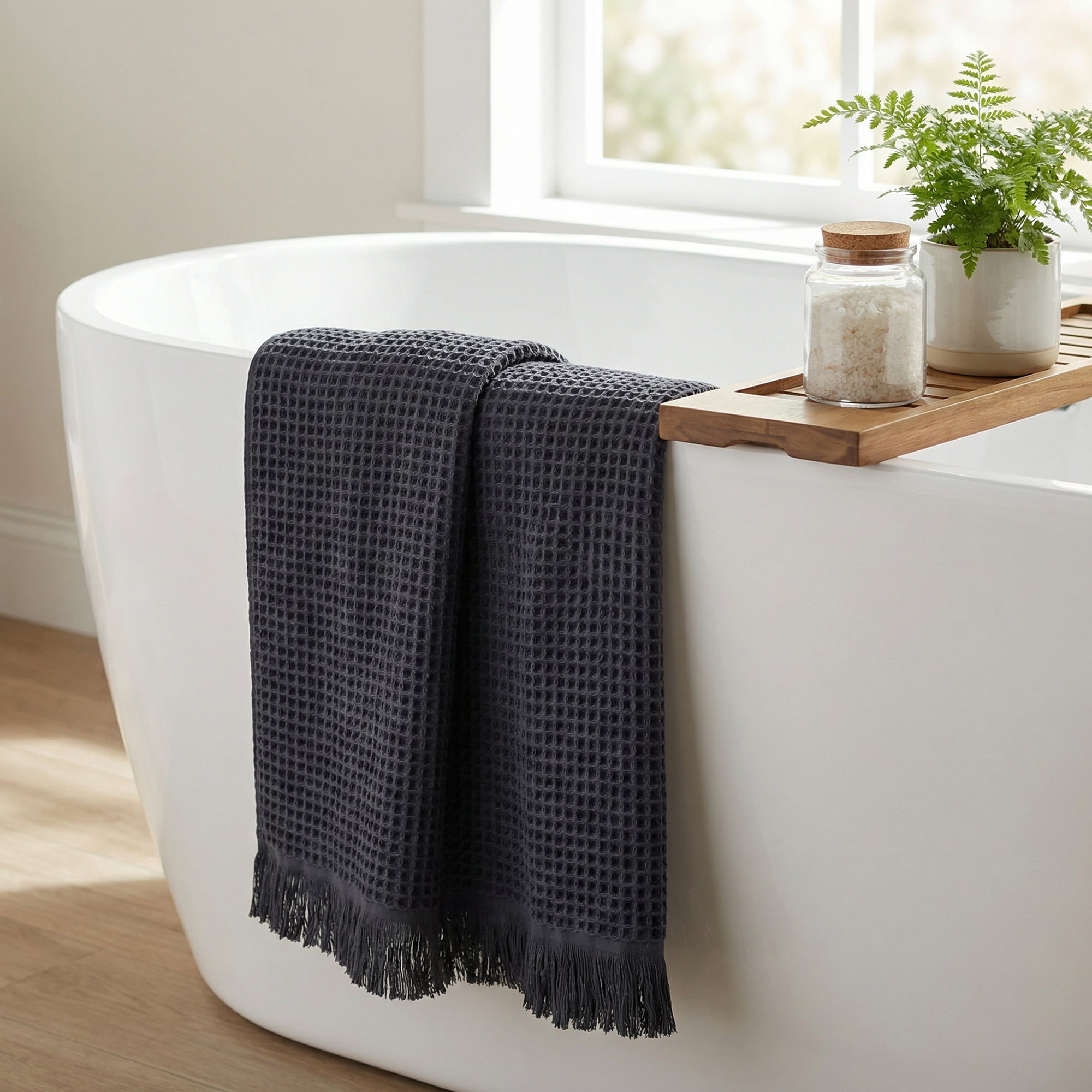 Unique Bargains Highly Absorbent Cotton Waffle Bath Towel with Tassel Dark Blue 71" x 35"
