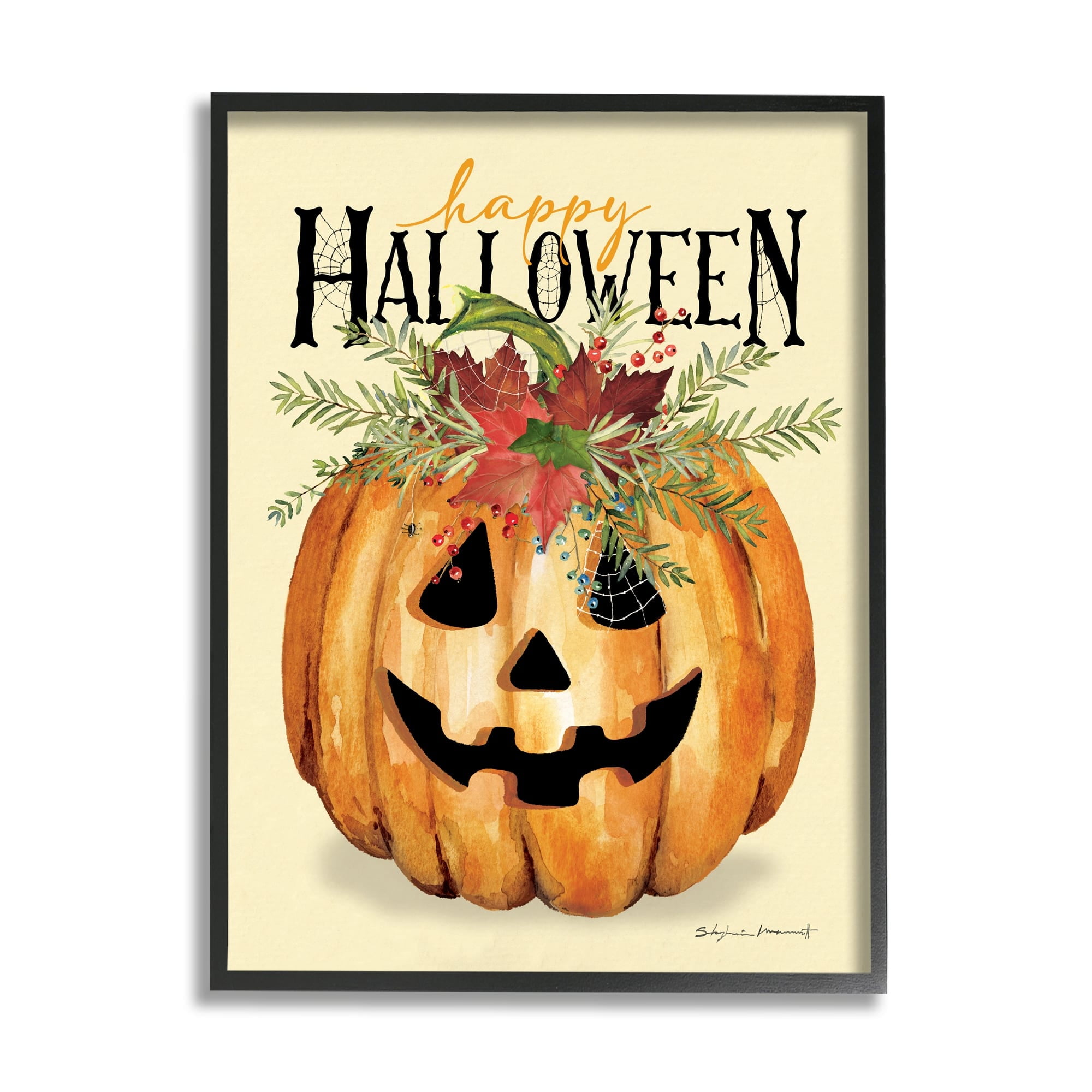 Stupell Industries Happy Halloween Jack-o-Lantern Holiday Painting White Framed Art Print Wall Art