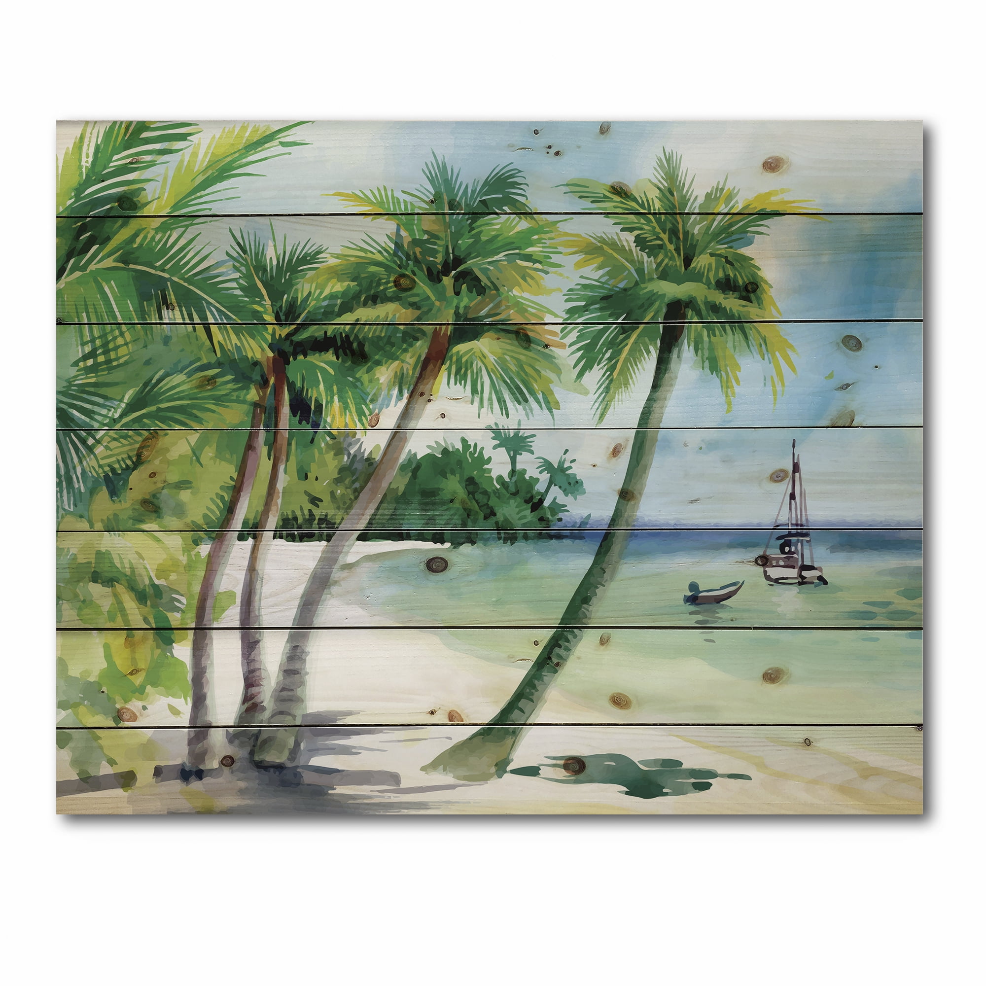 Designart 'Palm Trees With Summer Beach' Nautical & Coastal Print on Natural Pine Wood