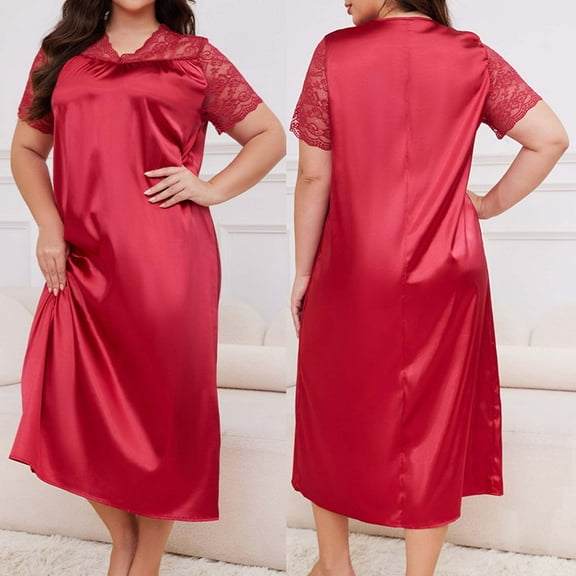 Blmnix Sleepshirts Nightgowns for Women Plus Size Nightgowns Silk Nightgown Nightgowns Red V-Neck Short Sleeve Below-the-Knee Mumu Nightgown,XXXXL