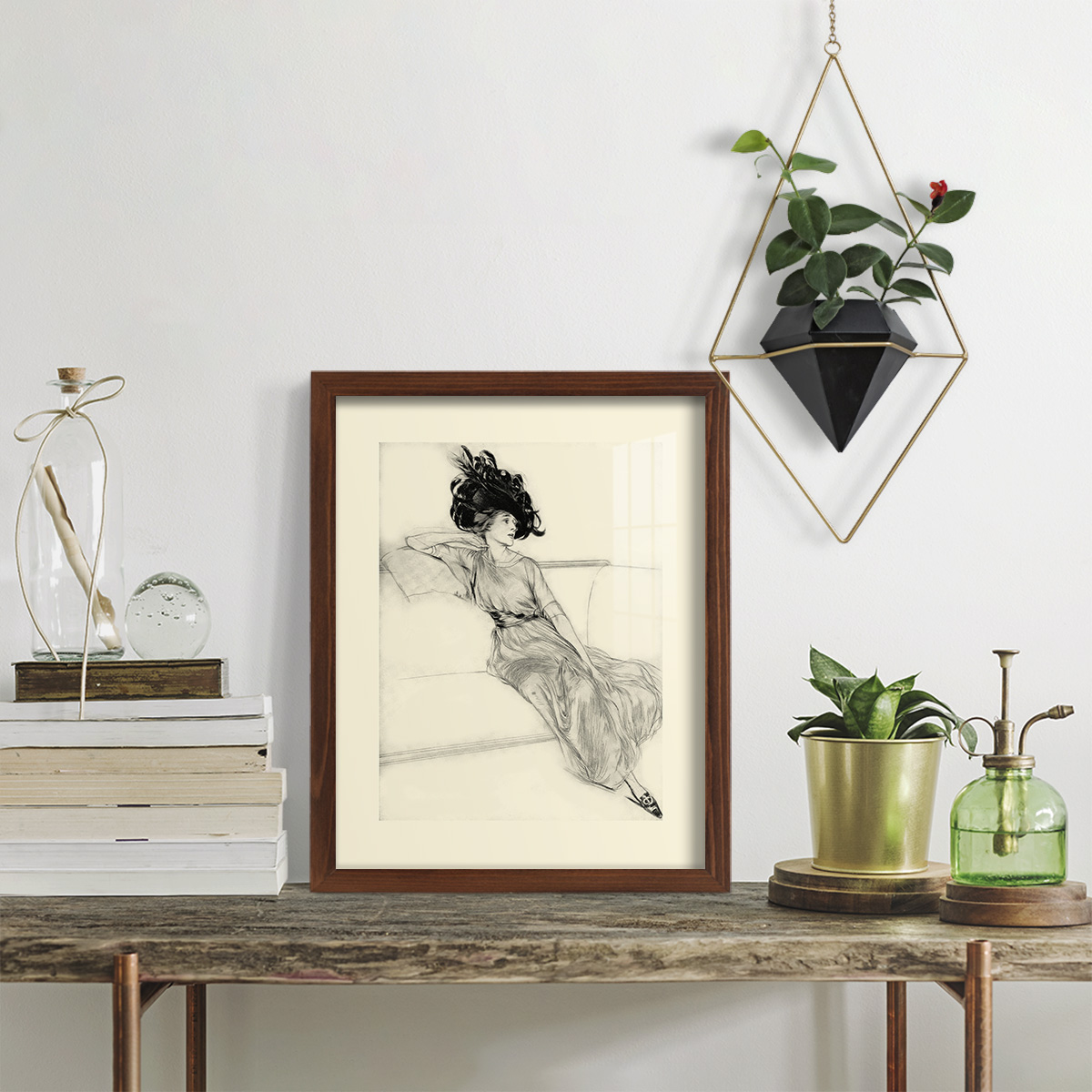 Feather Hat I -Framed Print w/glass-Chestnut