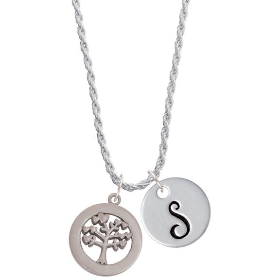 Delight Jewelry Stainless Steel Tree of Life in Eternity Ring - Silvertone Script Initial Disc - S - Charm Necklace, 20"+3"