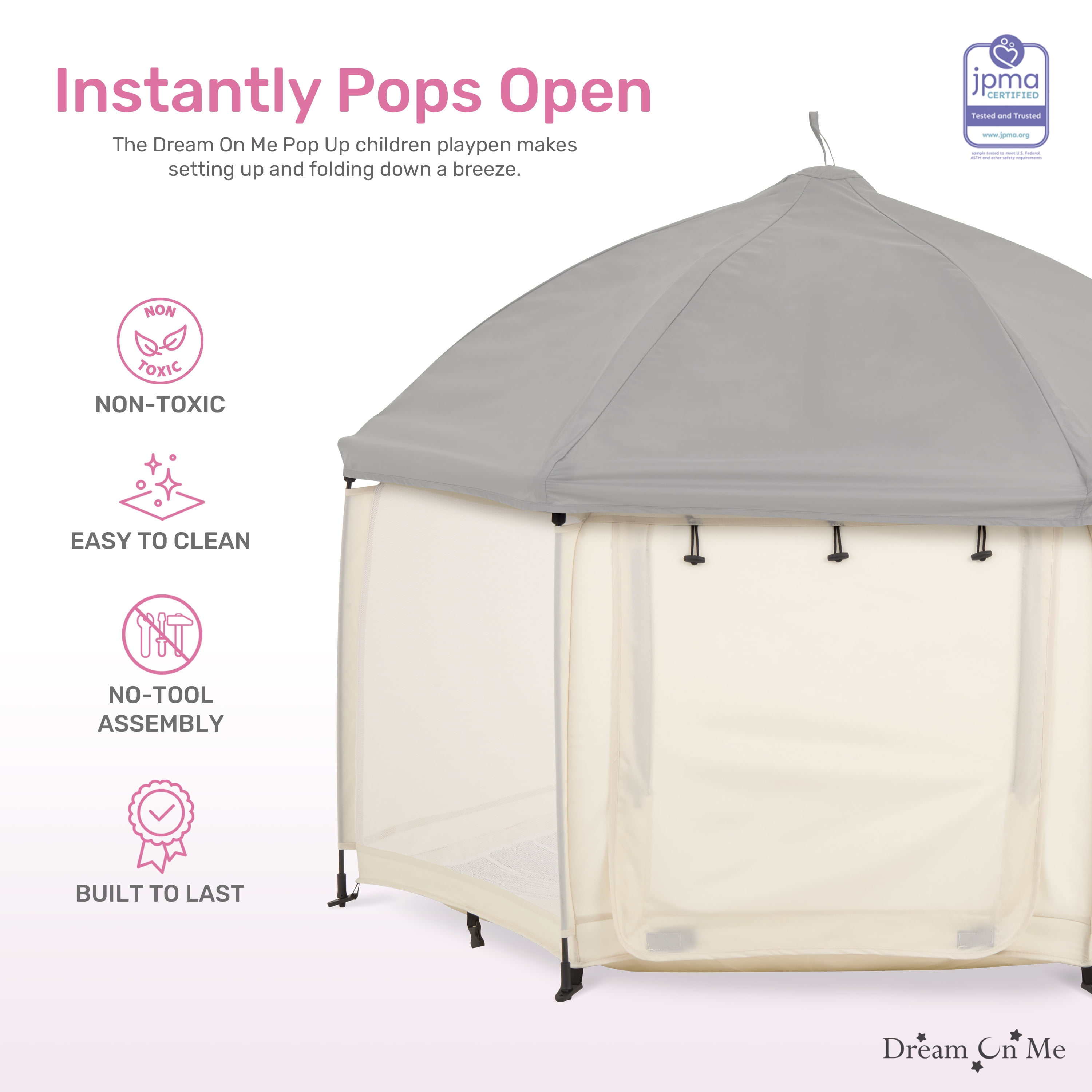 Dream On Me Pop Up Children Playpen, Easy Set-Up- Indoor Play House and Outdoor Play Tent with Canopy Cover, French White