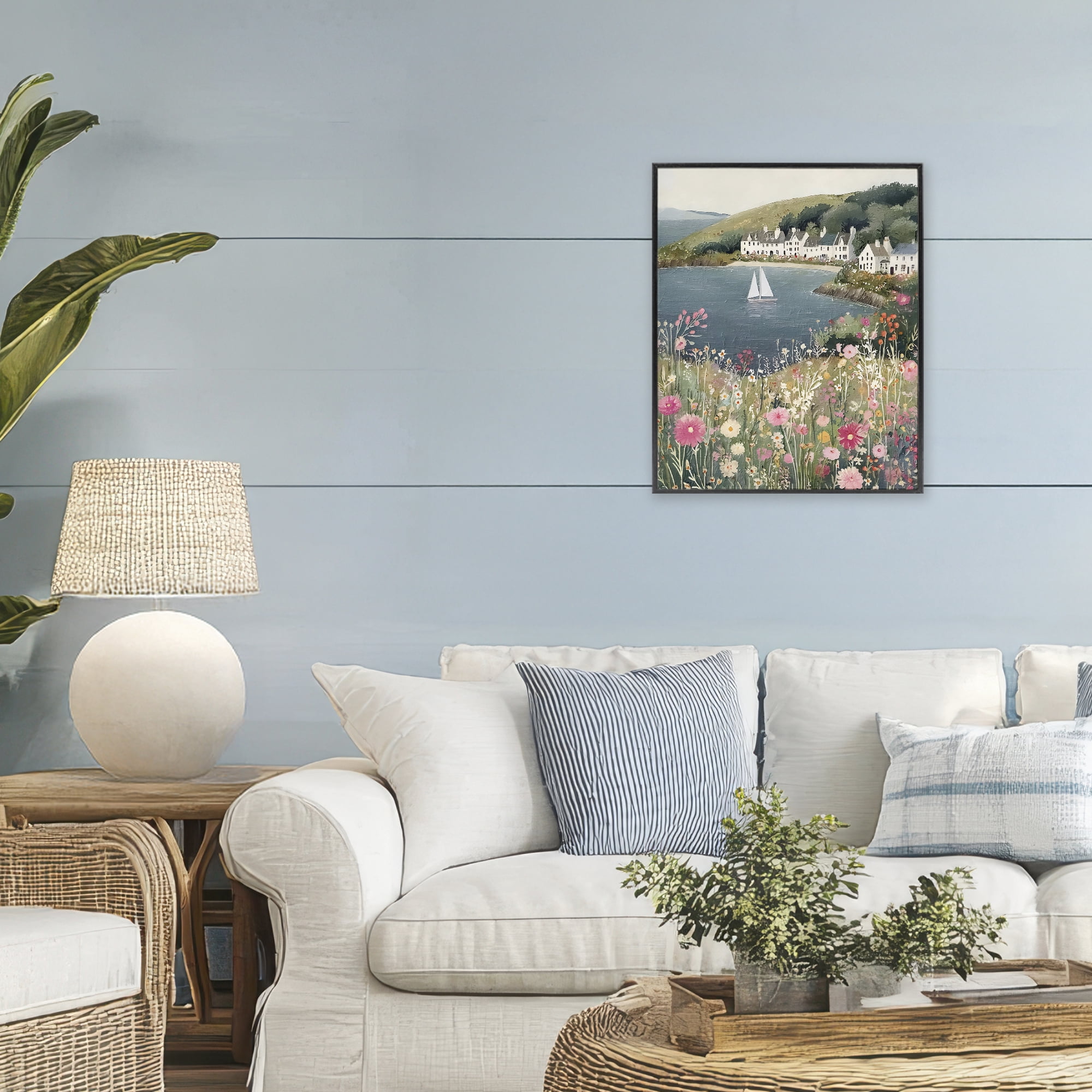 Stupell Industries Clifftop Meadow & Sailboat Black Framed Giclee Art, design by Riley B