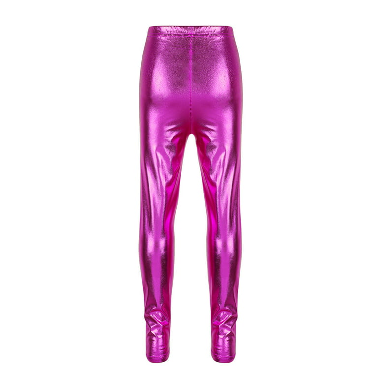 inhzoy Kids Girls Shiny Metallic Stretch Leggings Pants Tights Dancing  Costumes Rose Red 7-8