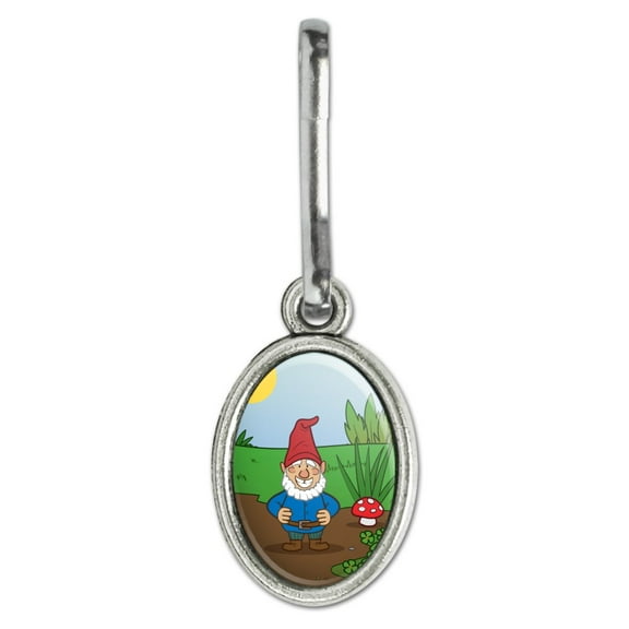 Garden Gnome with Toadstools Antiqued Oval Charm Clothes Purse Suitcase Backpack Zipper Pull Aid