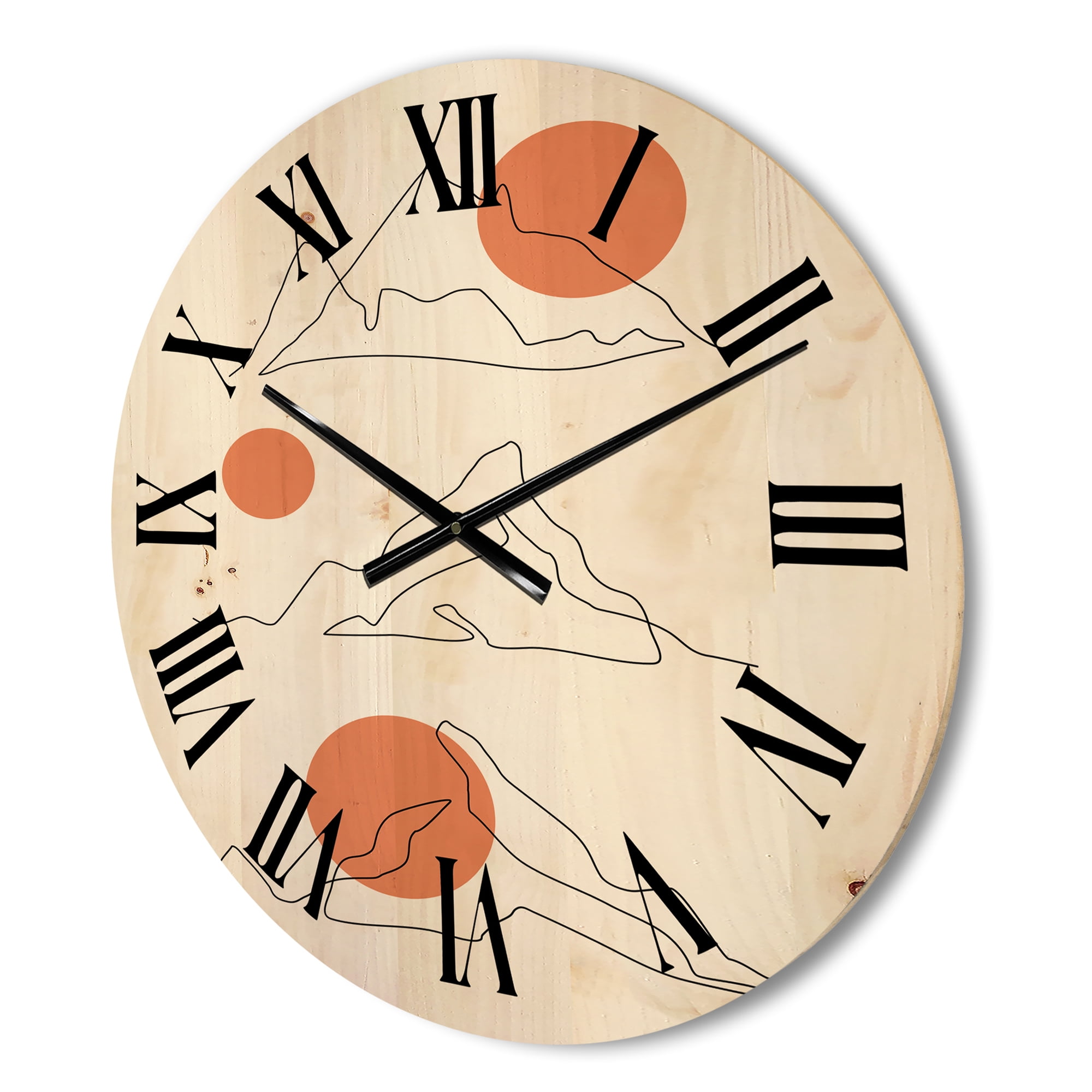 Designart 'Abstract Red Moons With Mountain Range' Modern Wood Wall Clock