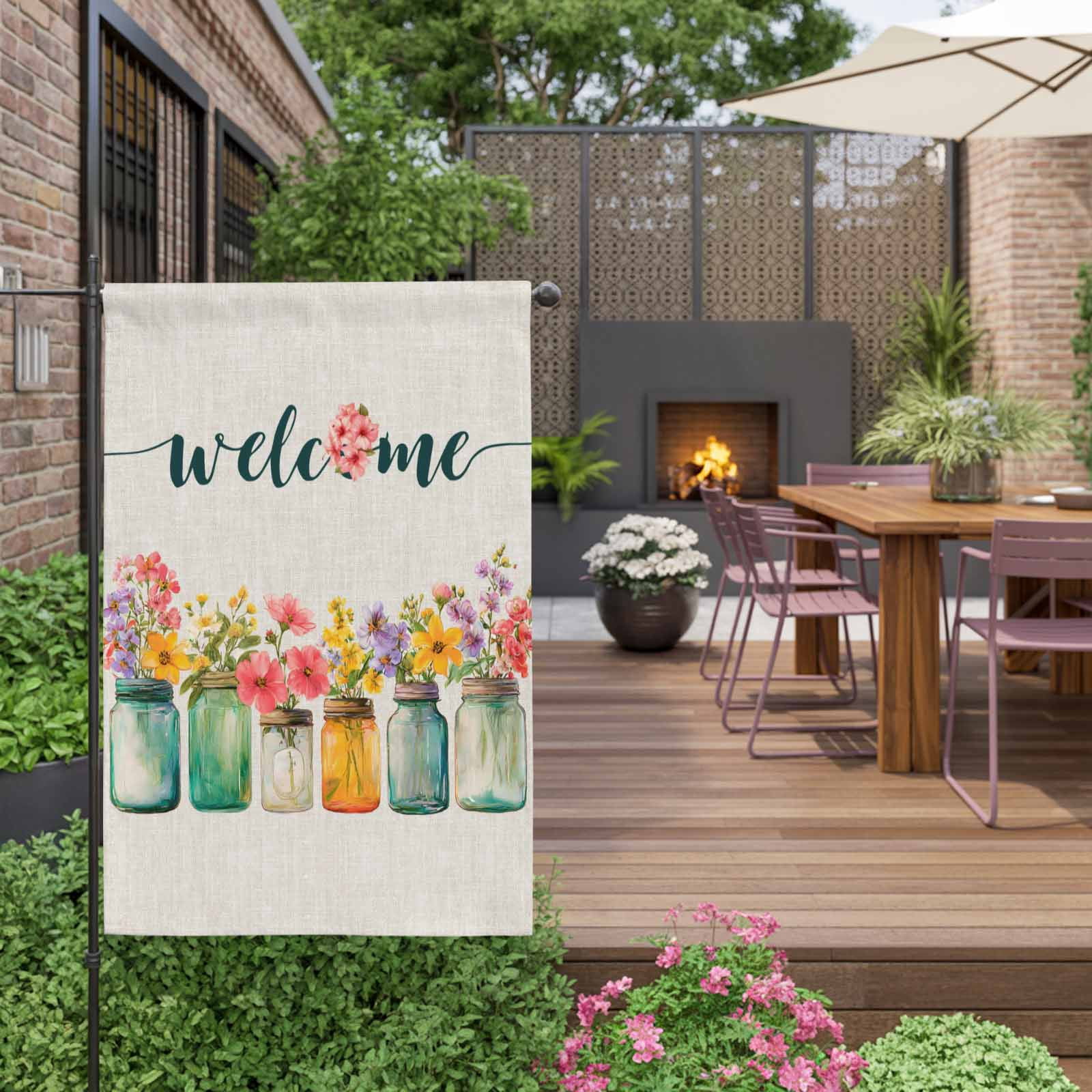 Welcome House Flag 28 x 40 Inches, Wildflowers Vintage Mason Jars Farmhouse Retro Weather Proof Outdoor Patio Flags Double Sided Small House Decoration for Yard Lawn Outside Home