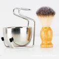 thumbnail image 1 of Juego de brochas de afeitar para hombre de acero inoxidable con mango de madera, 1 of 4