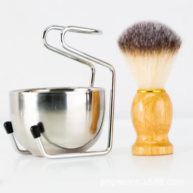 Juego de brochas de afeitar para hombre de acero inoxidable con mango de madera