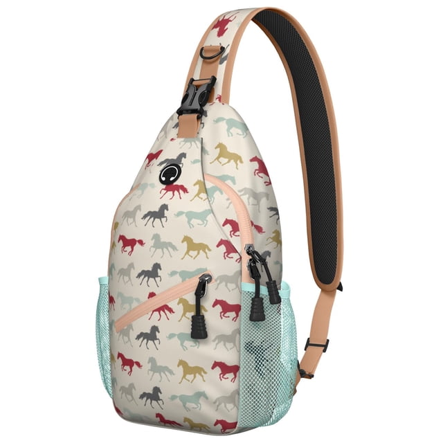 Horse Lover Sling Backpack, Retro Pony and Unicorn Print Crossbody Bag with Floral Pattern, Cute Travel Accessory for Rural Adventures
