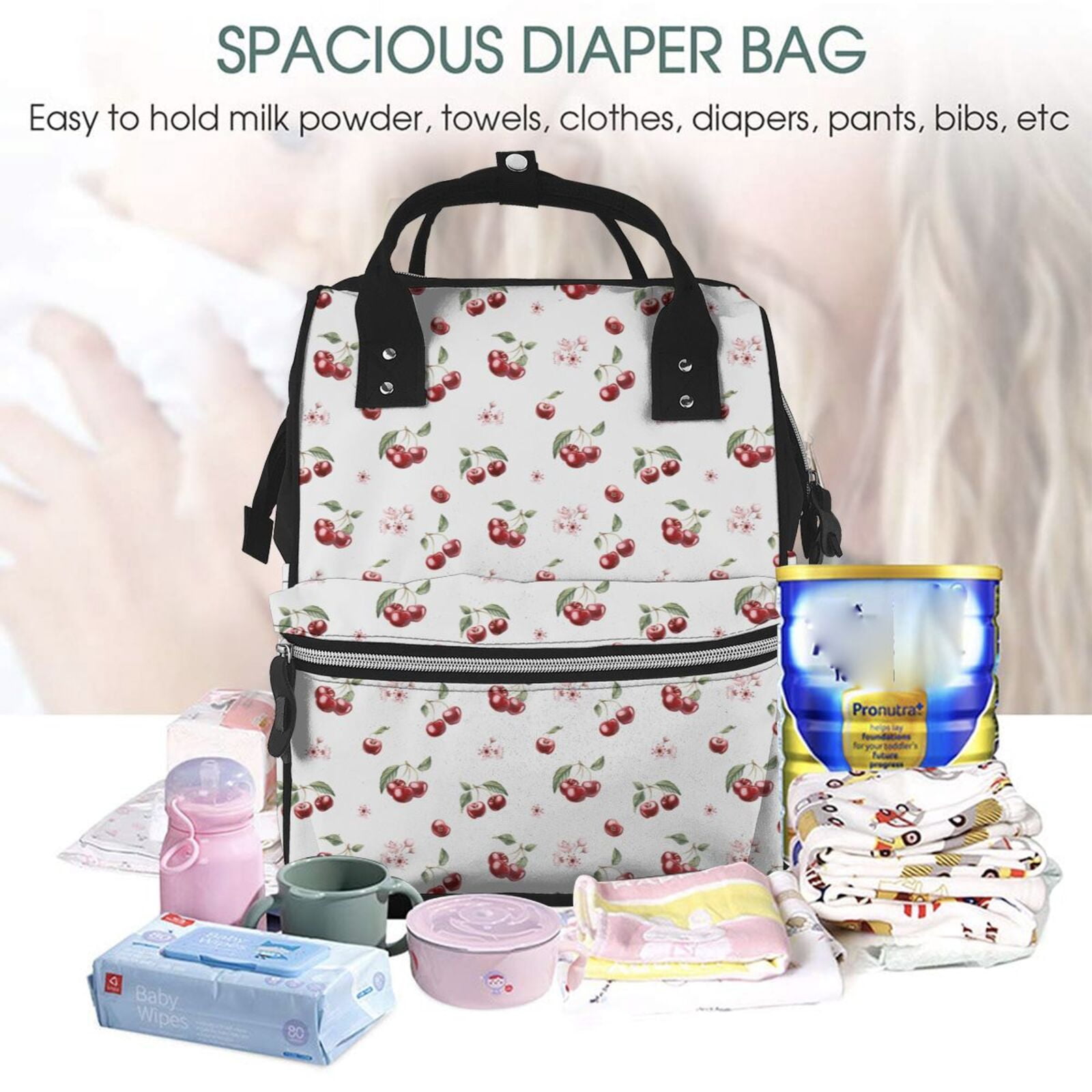 Ratiio Cherry Berries Mummy Backpack - Waterproof Twill Canvas, Large Capacity Diaper Bag with Multiple Pockets and Adjustable Straps