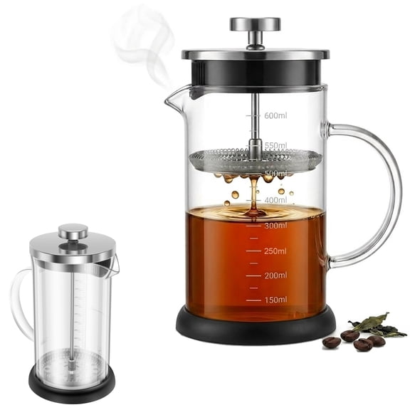 Fkszll French Press, 21oz Glass French Press Coffee Maker, Stainless Steel Brewer, Heat-Resistant Cafetiere & Tea Maker, Thickened Glass Coffee Press for Travel and Camping, Black