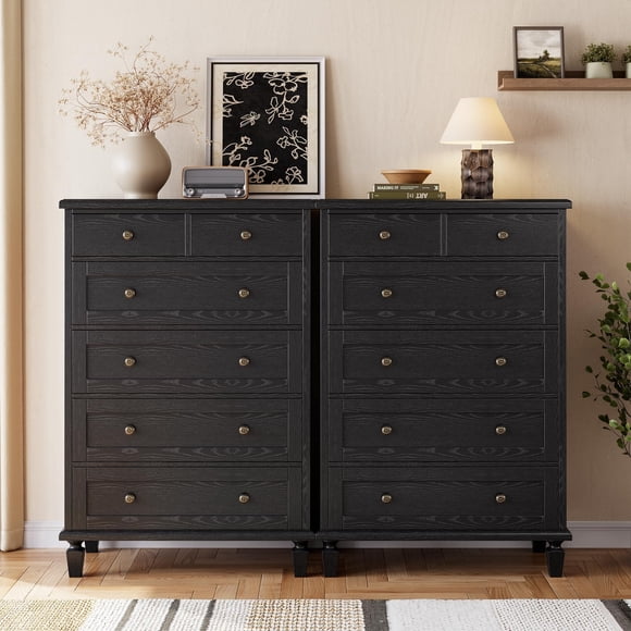 Vintage 6 Drawer Tall Dresser - Sturdyly-built Wood Chest, Carved Handles & Tapered Legs - Spacious Bedroom, Living Room, Entryway Storage - Distressed Black Ash Finish, Color: Black Ash