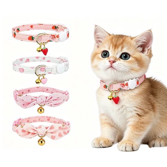 Urieessian 4 Pack Cotton Breakaway Cat Collars with Bell, Adjustable Cute Floral for Kittens & Adult Cats (Pink)