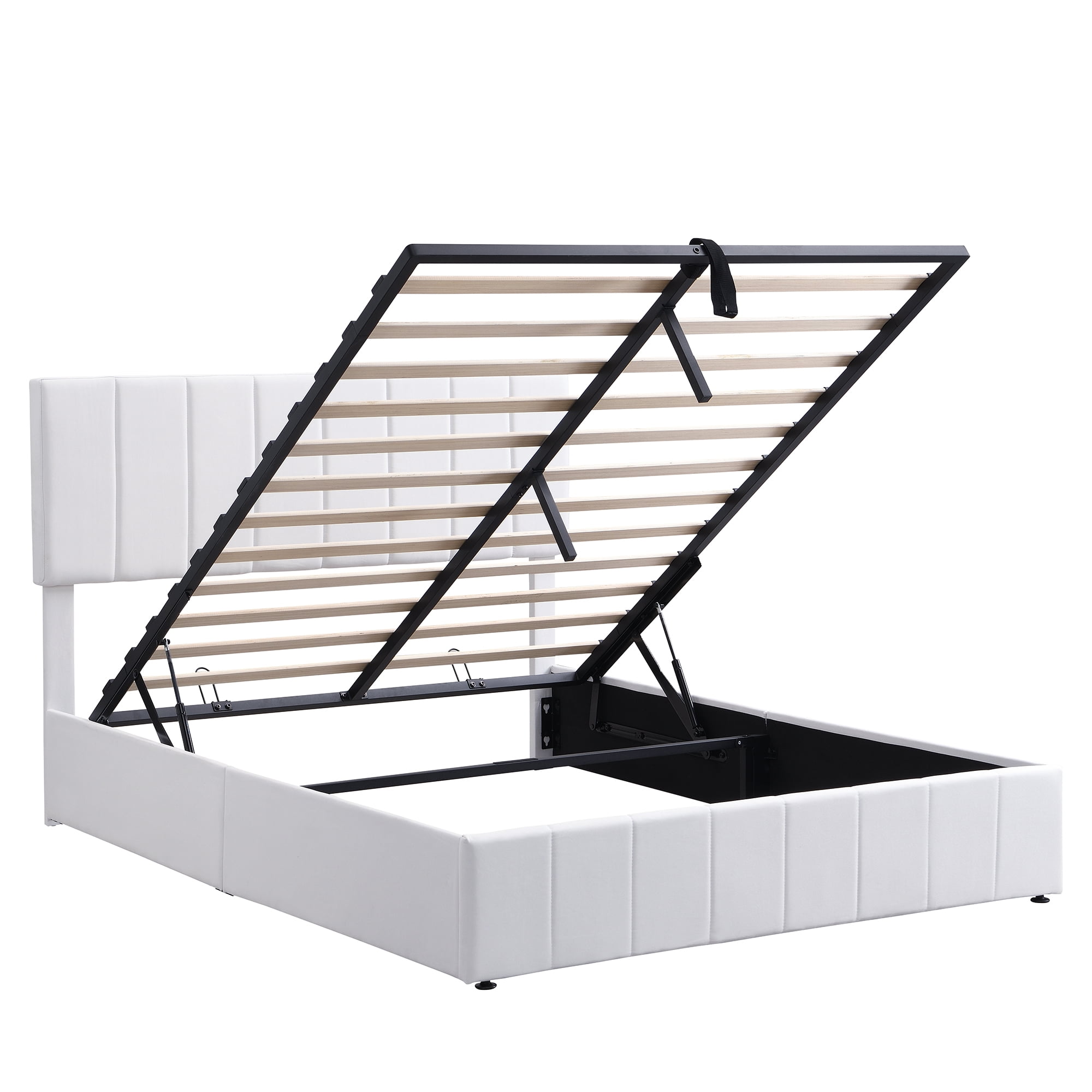 Queen Upholstered Platform Bed 83.5 Inch, Hydraulic Storage System Bed Frame with Linen Fabric Headboard, No Box Spring Needed, White
