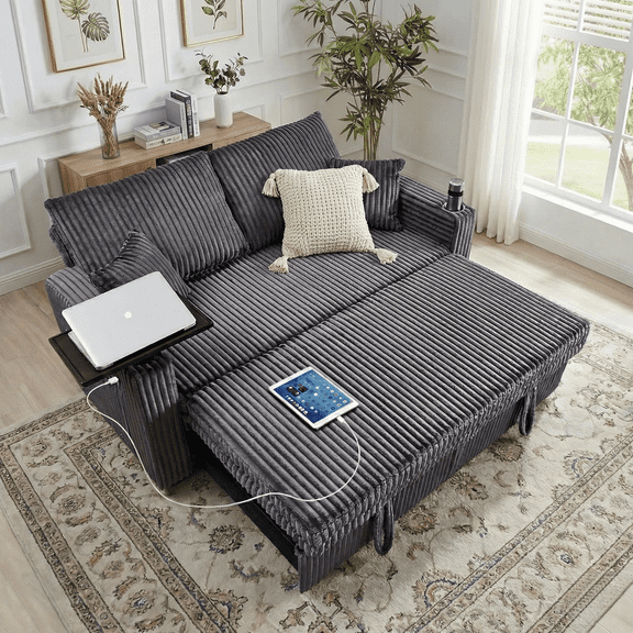 Vinform Sofa Bed with Pull Out Couch, 65" Convertible 3-in-1 Sleeper Sofa Bed for Living Room Small Space, Corduroy (Dark Gray)
