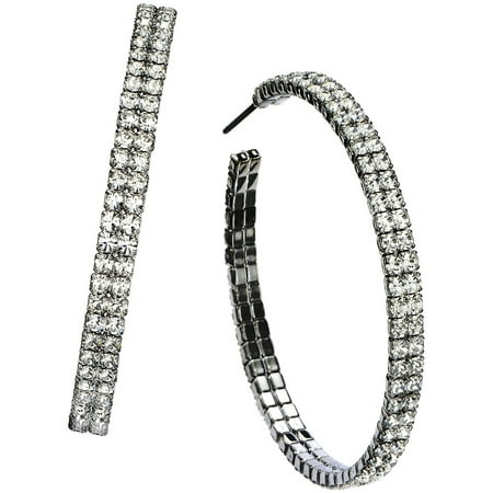 X & O Handset Austrian Crystal Black Rhodium-Plated Double-Row 45mm Hoop Earrings