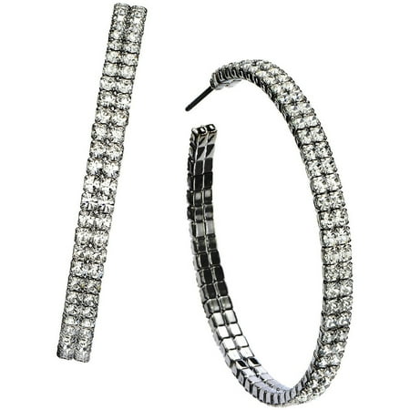 X & O Handset Austrian Crystal Black Rhodium-Plated Double-Row 45mm Hoop Earrings