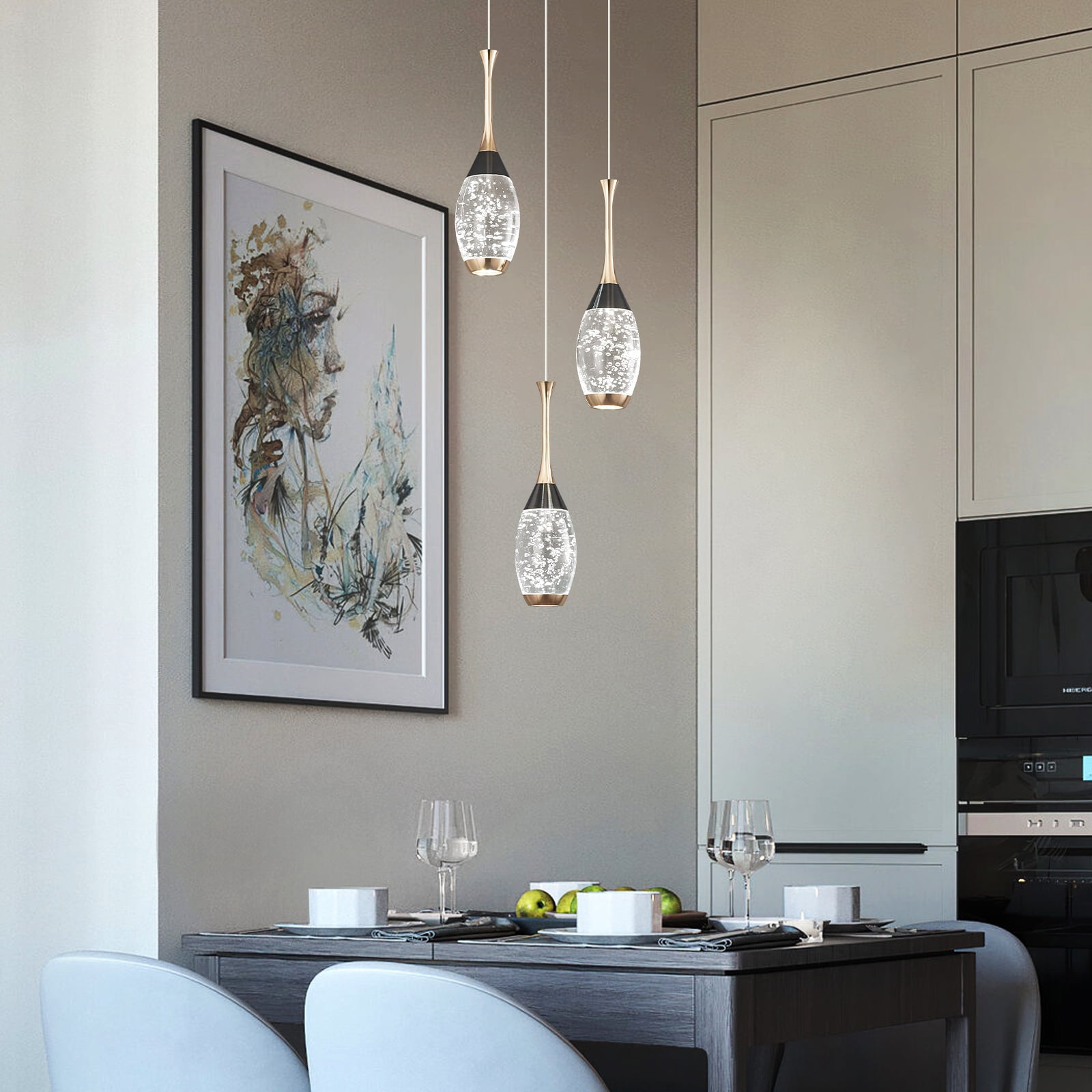 Modern Crystal Pendant Light Teardrop LED Ceiling Light Fixtures Black Gold Dimmable Pendant Lighting for Bedroom Dining Room Kitchen Island（3 Light）